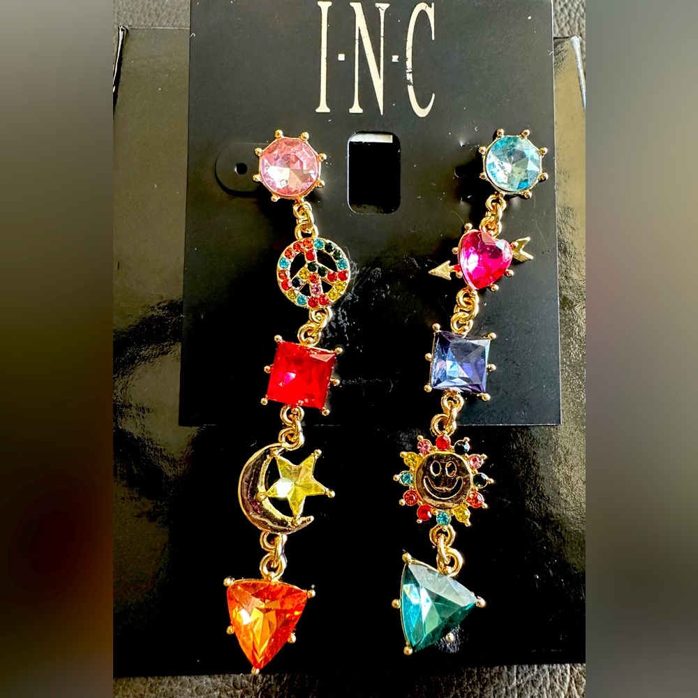 INC from Macys peace love happiness earrings
